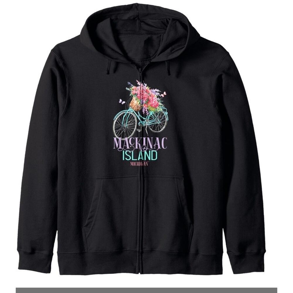 Mackinac island Michigan zip up hoodie Size L Black Pink/Blue Floral Graphic